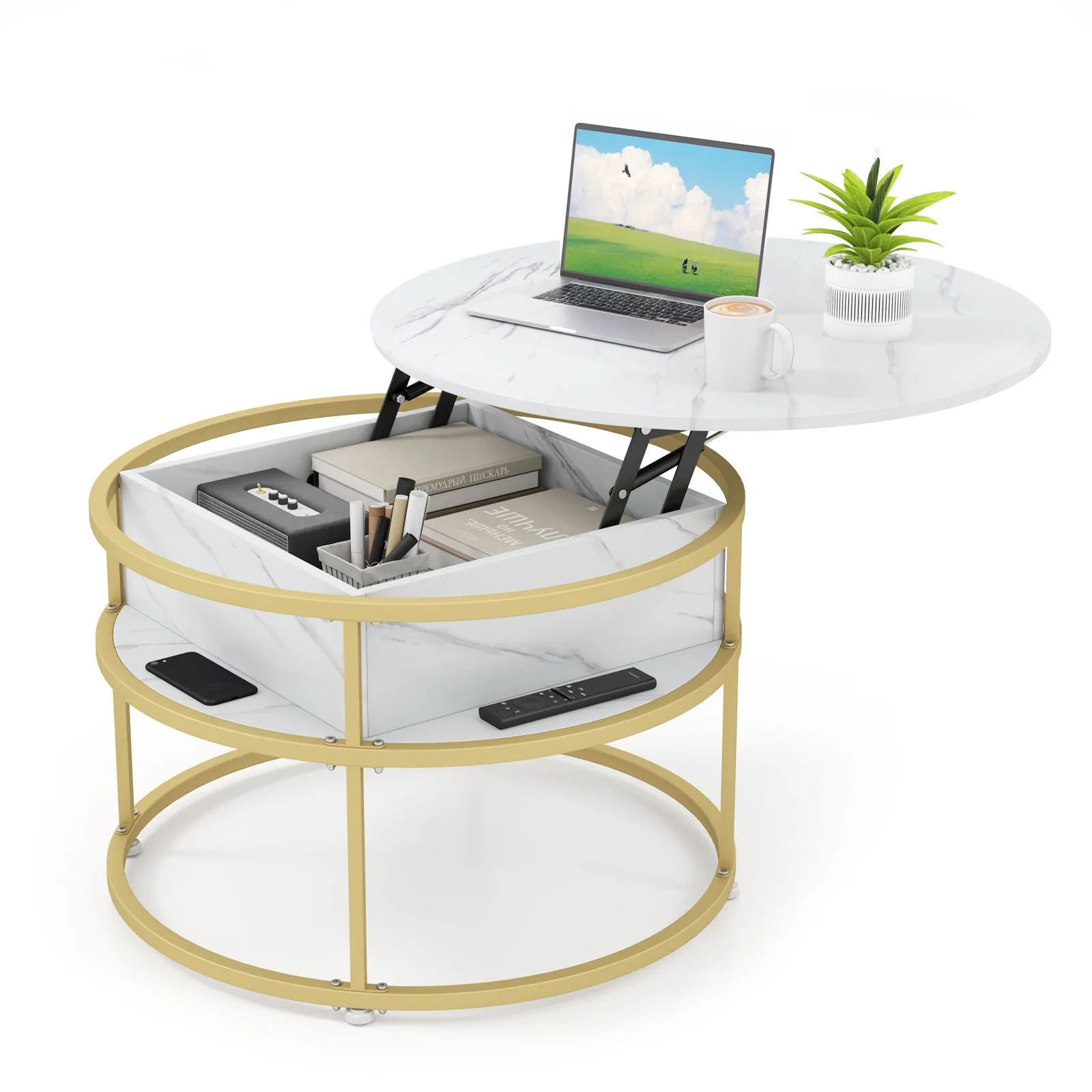 Costway Lift Top Coffee Table 80cm Round Center Table with Side Shelves in White