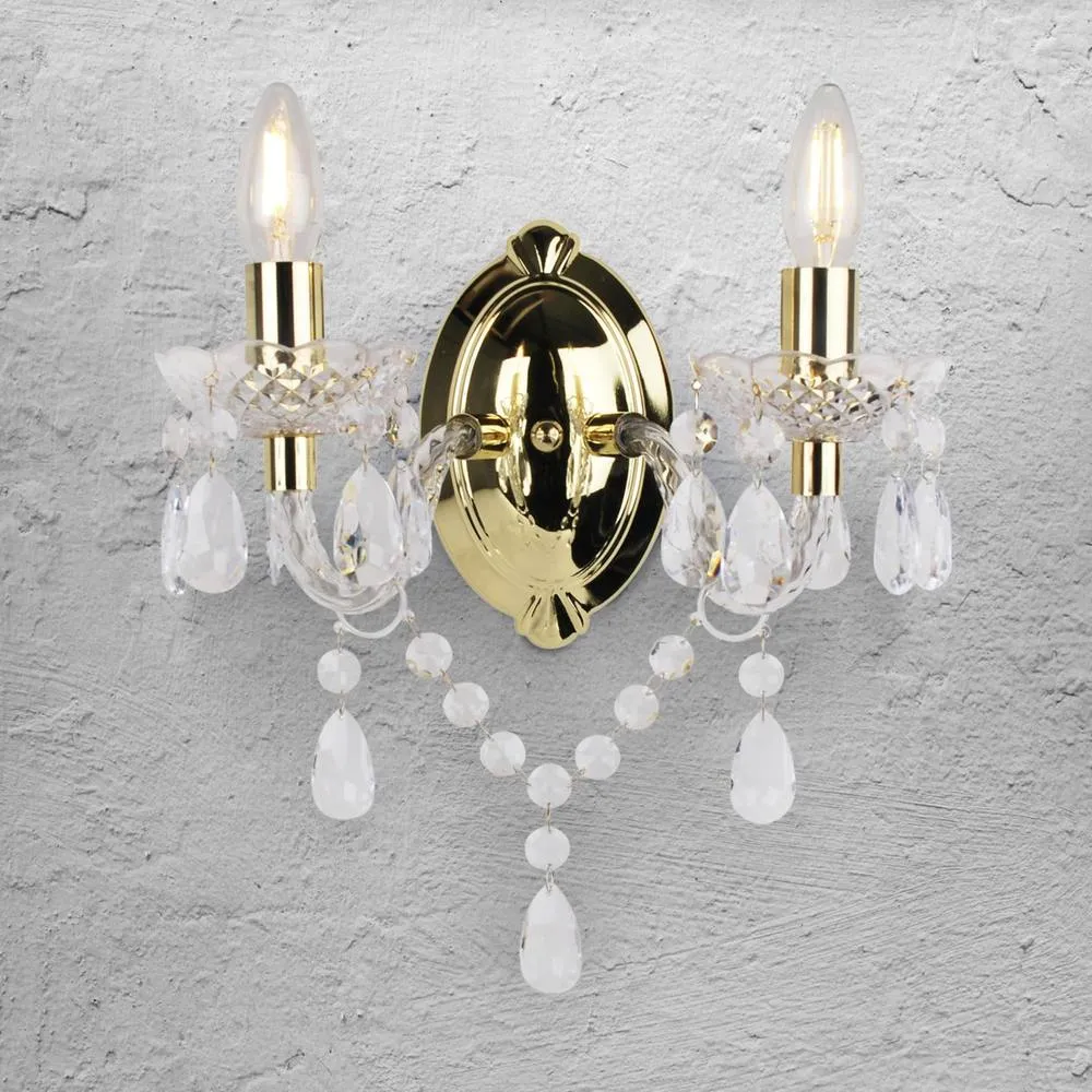 First Choice Lighting Marie Therese 2 Lights Gold & Clear Wall Bracket Chandelier Light 3