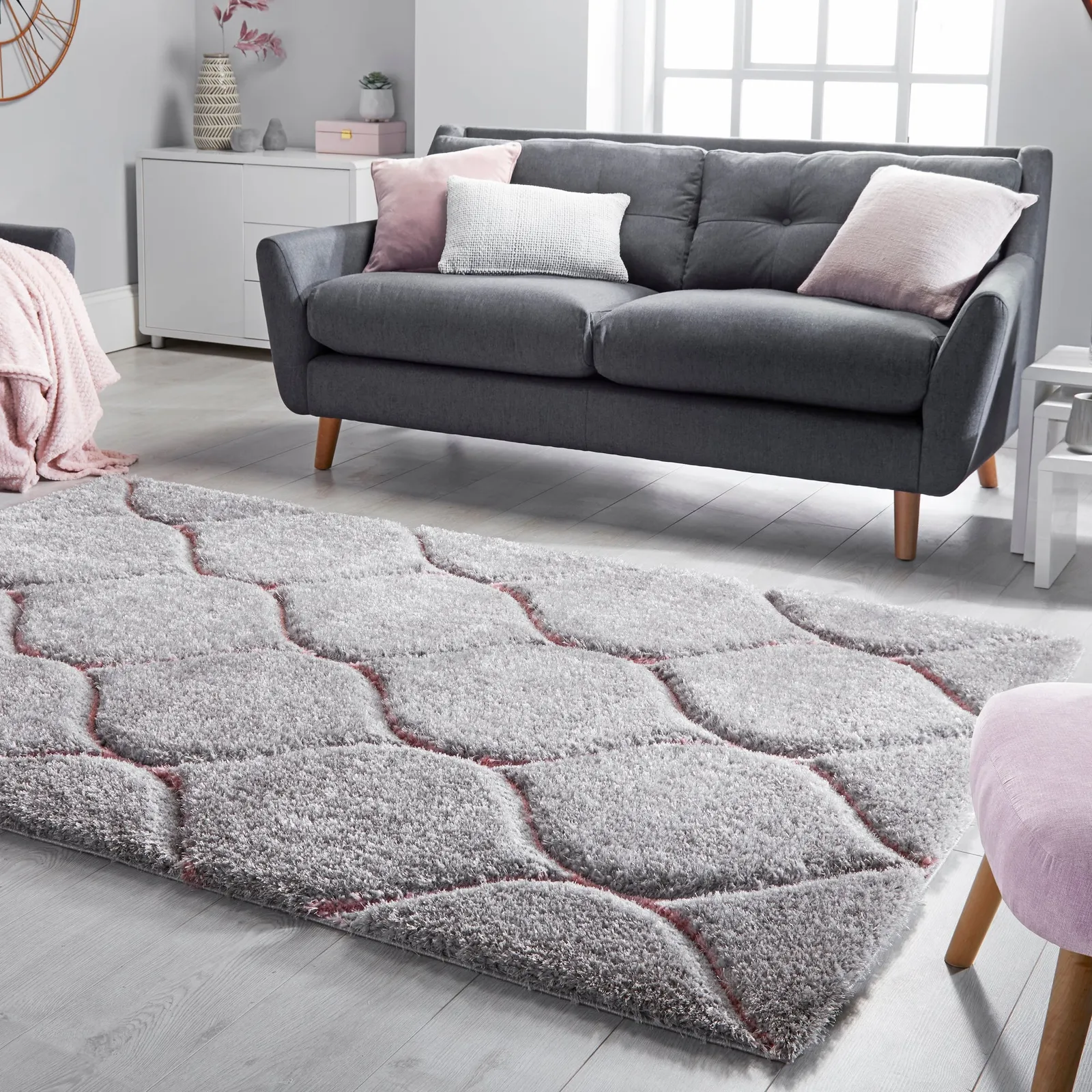 Sirocca Shaggy Geometric Rug Pink