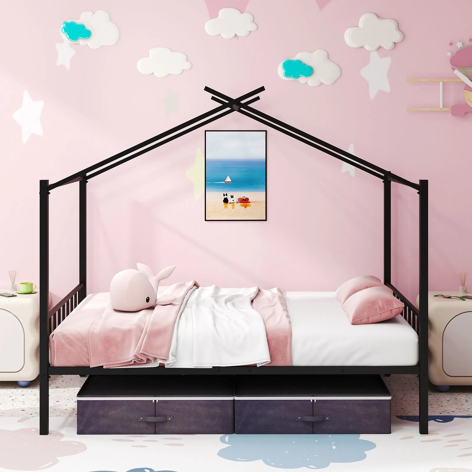 Costway Double Size House Bed Heavy-Duty Metal Platform Bed w/2 Drawers in Black 4