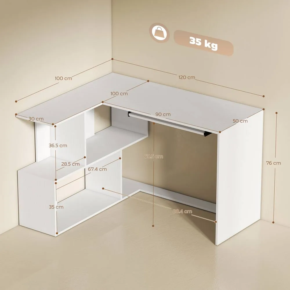 HOMCOM L-Shaped Corner Desk with Keyboard Tray & Open Shelves, White 3