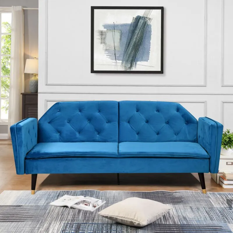 Comfy Living Ltd Plush Velvet Tufted Sofa Bed In Various Colours With Black & Gold Legs in Blue 1