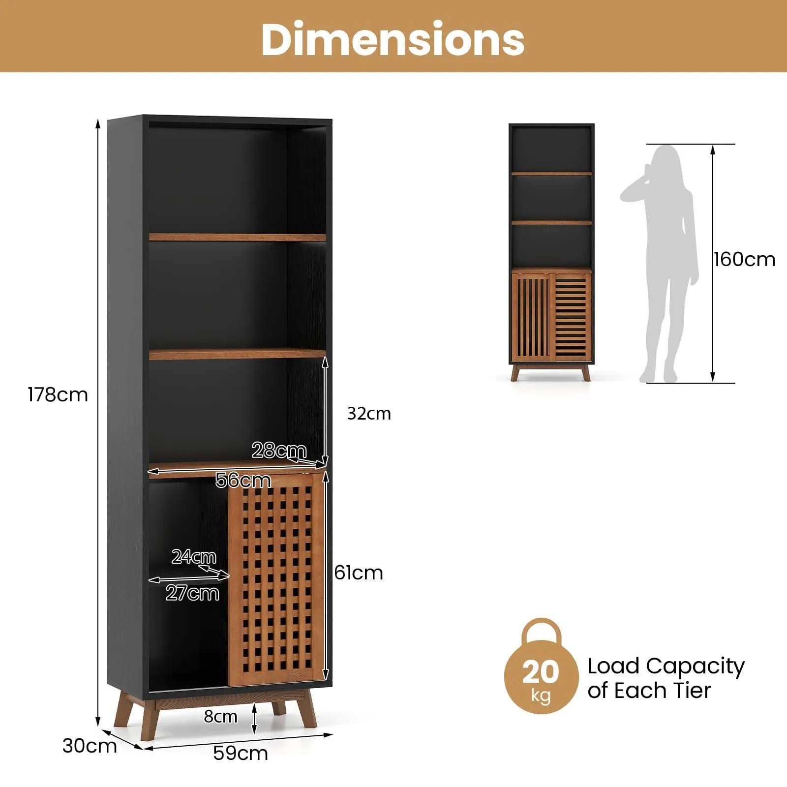 Costway 178 CM Bookshelf 5-Tier Bookcase w/Reversible Adjustable Shelf in Walnut 2