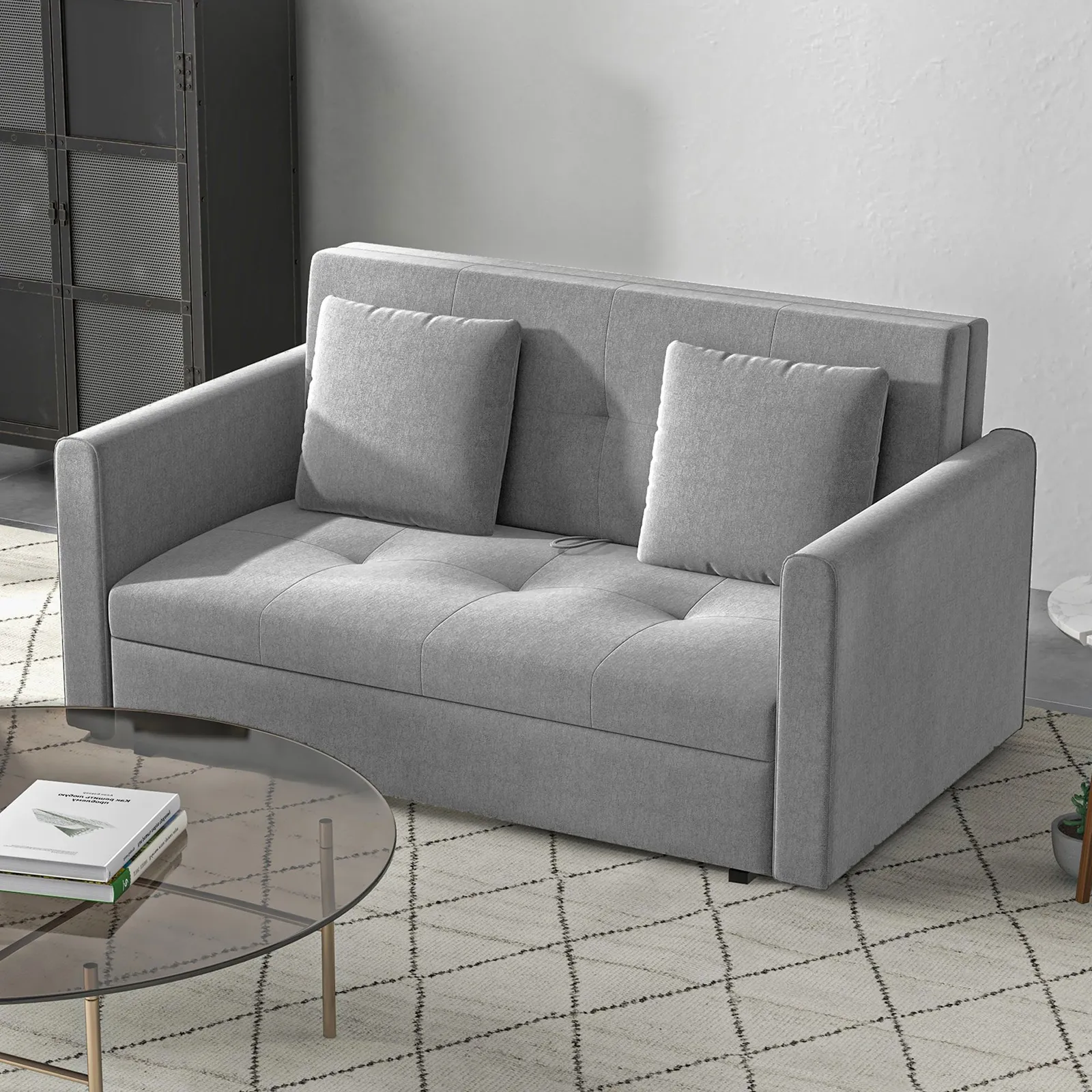 HOMCOM Convertible 2 Seater Sofa Bed with 2 Cushions Storage for Living Room in Grey 2