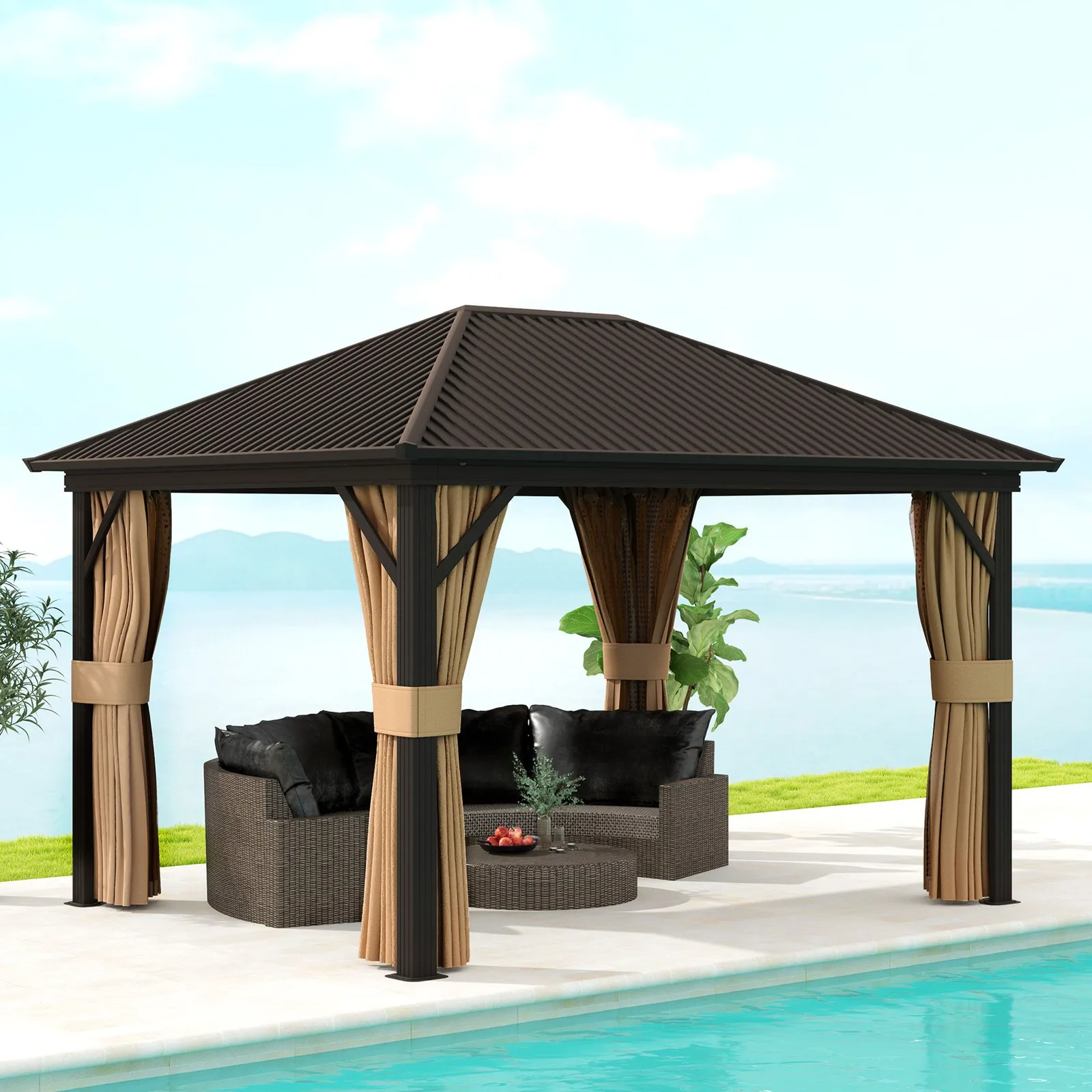 OUTSUNNY 3.6 x 3(m) Metal Garden Hardtop Gazebo with Screened Curtain Brown