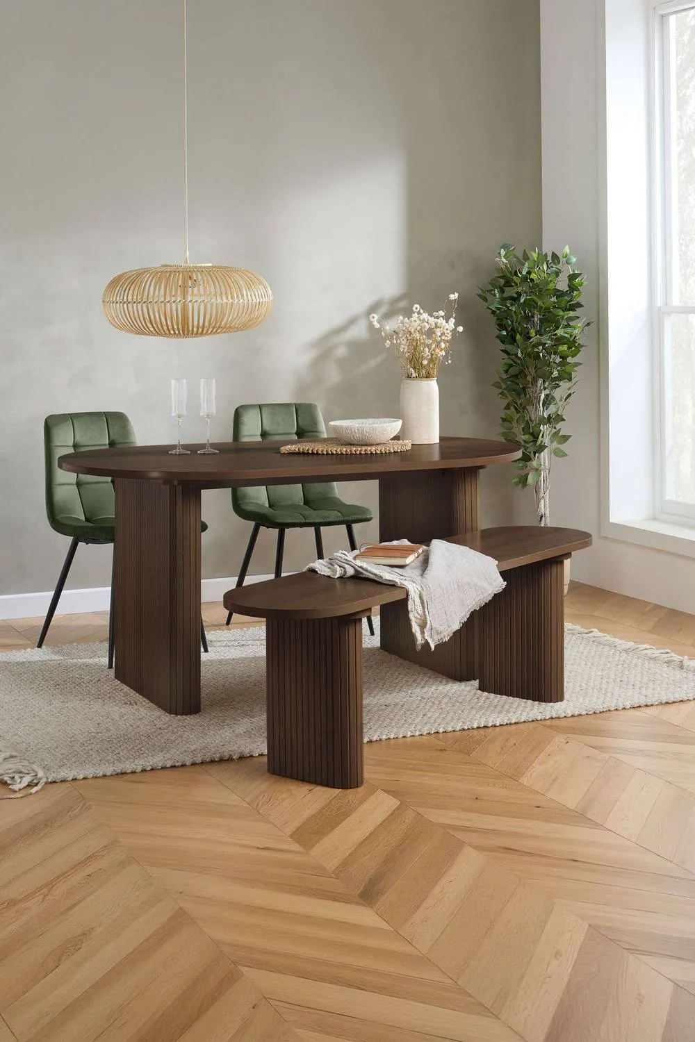 Birlea Axel Oval Fluted Dining Table With 2 Chairs & Bench in Brown