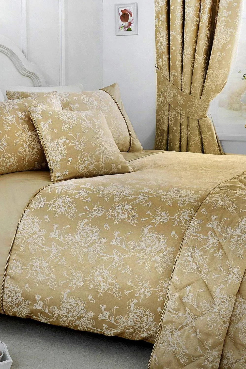 Dreams & Drapes 'Jasmine' Elegant Floral Jacquard Quilted Bedspread in Beige 3
