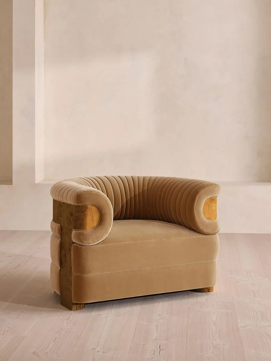 Caleb Armchair, Dark Burl, Velvet, Camel