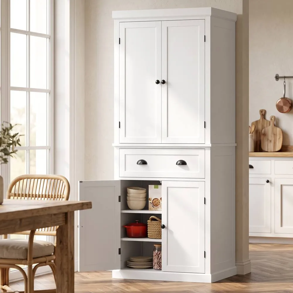 HOMCOM Tall Kitchen Cupboard, 183cm Freestanding Storage Cabinet with Drawer in White 2
