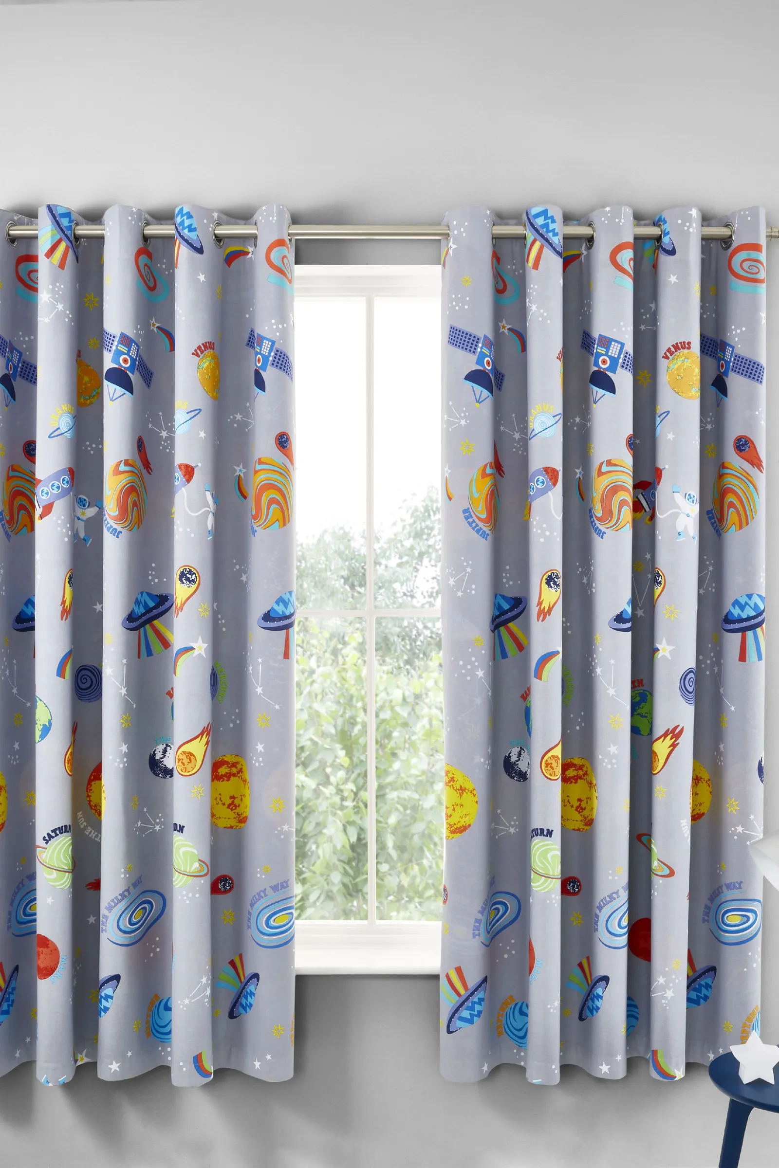 Catherine Lansfield 'Lost In Space' Fully Reversible Eyelet Curtains in Blue 2