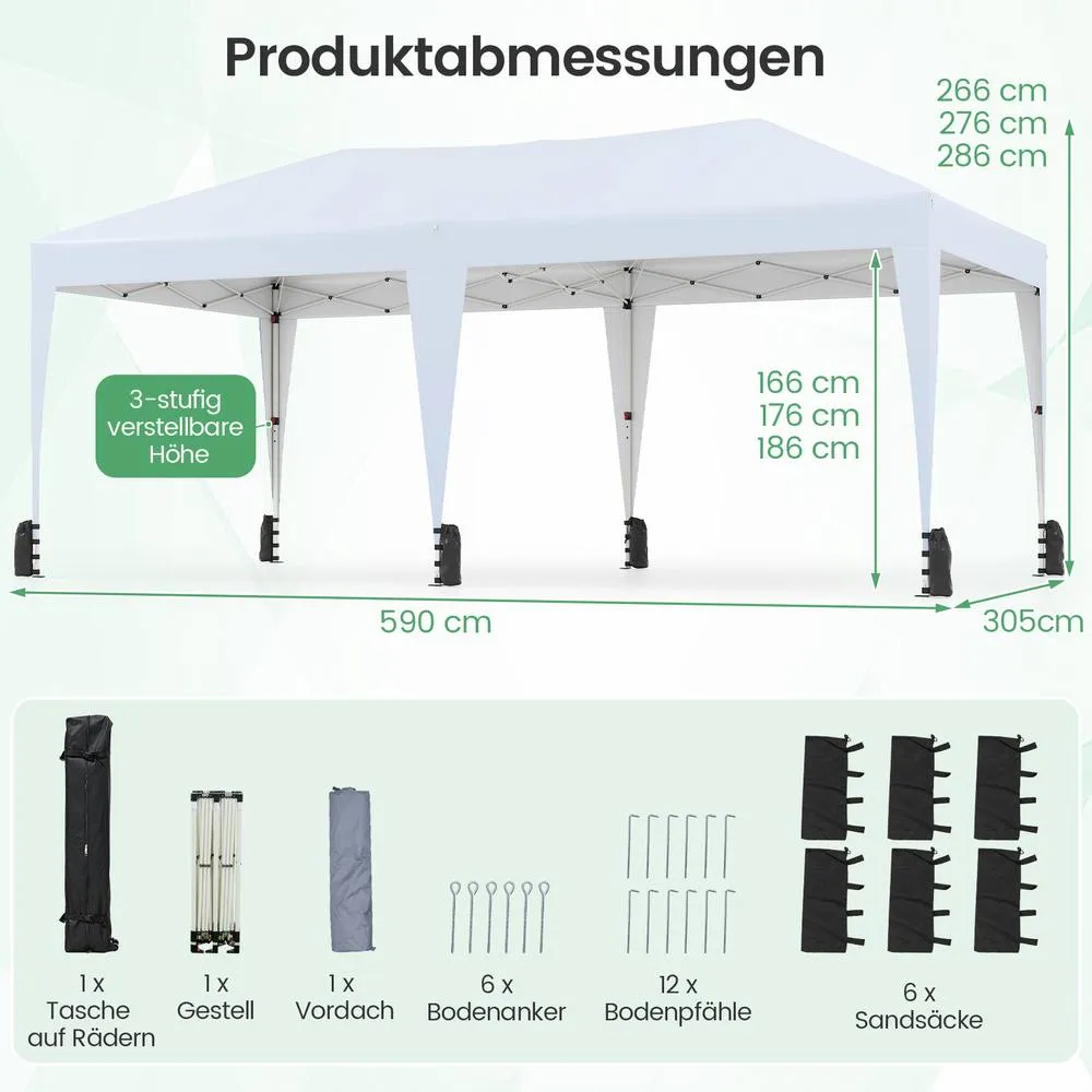 Costway 590x300 CM Pop up Canopy Tent Foldable Patio Shelter w/ Wheeled Bag in White 4
