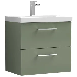 Nuie Arno Satin Green Wall Hung 2 Drawer Vanity Unit & Basin - 579 x 610mm