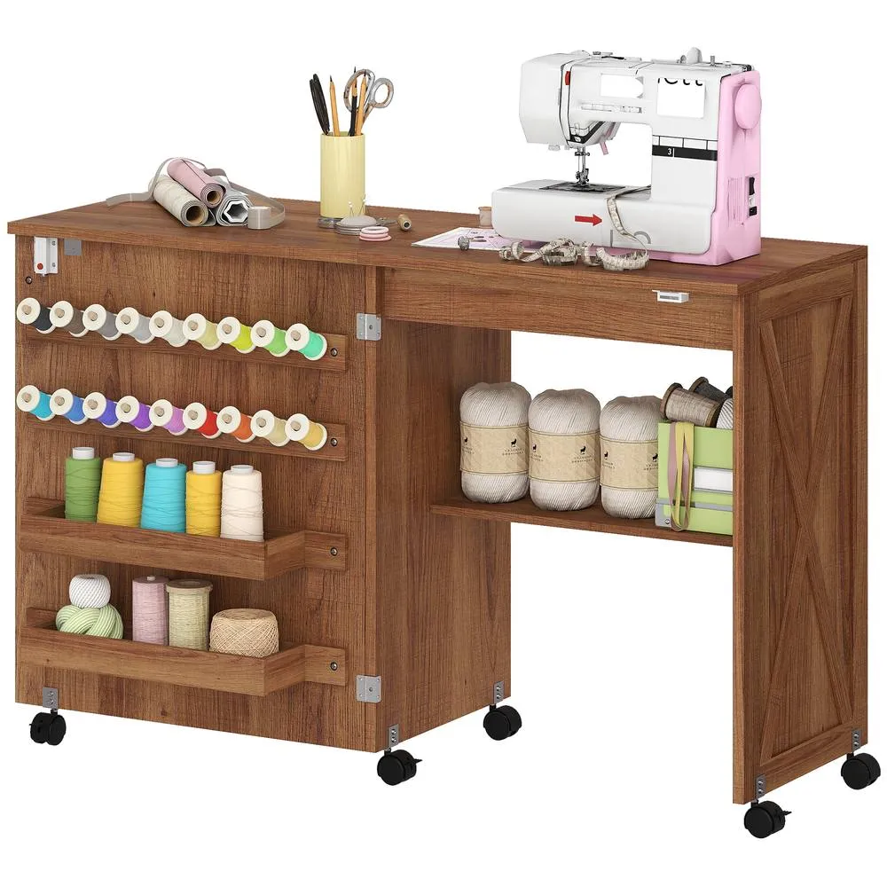 HOMCOM Folding Sewing Table, Craft Table with Storage compartments, Brown