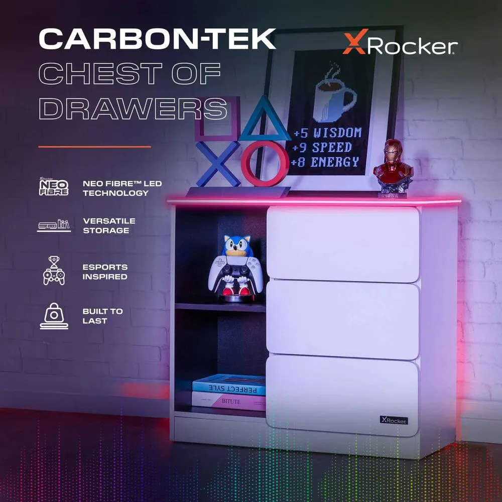 X Rocker Carbon-Tek Chest of 3 Drawers with 2 Shelves & LED Lighting in White 2