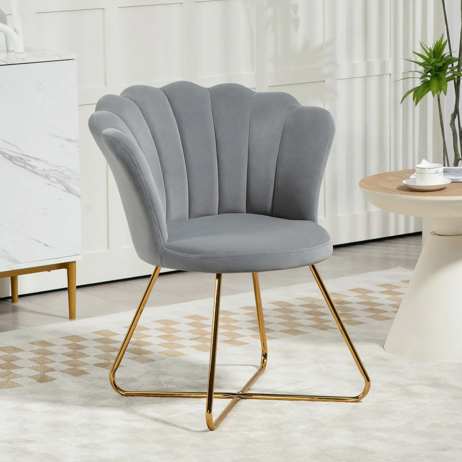 HOMCOM Accent Chair, Velvet Armchair with Lotus Backrest, Steel Legs in Grey