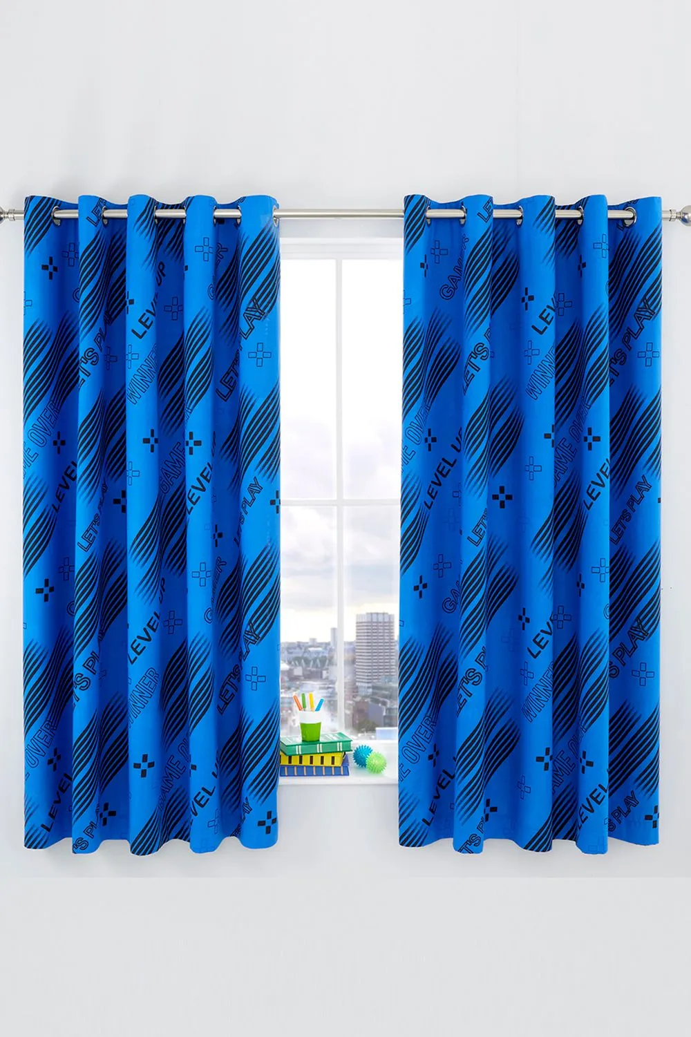 Catherine Lansfield 'Game Over' Reversible Lined Eyelet Curtains in Black 2