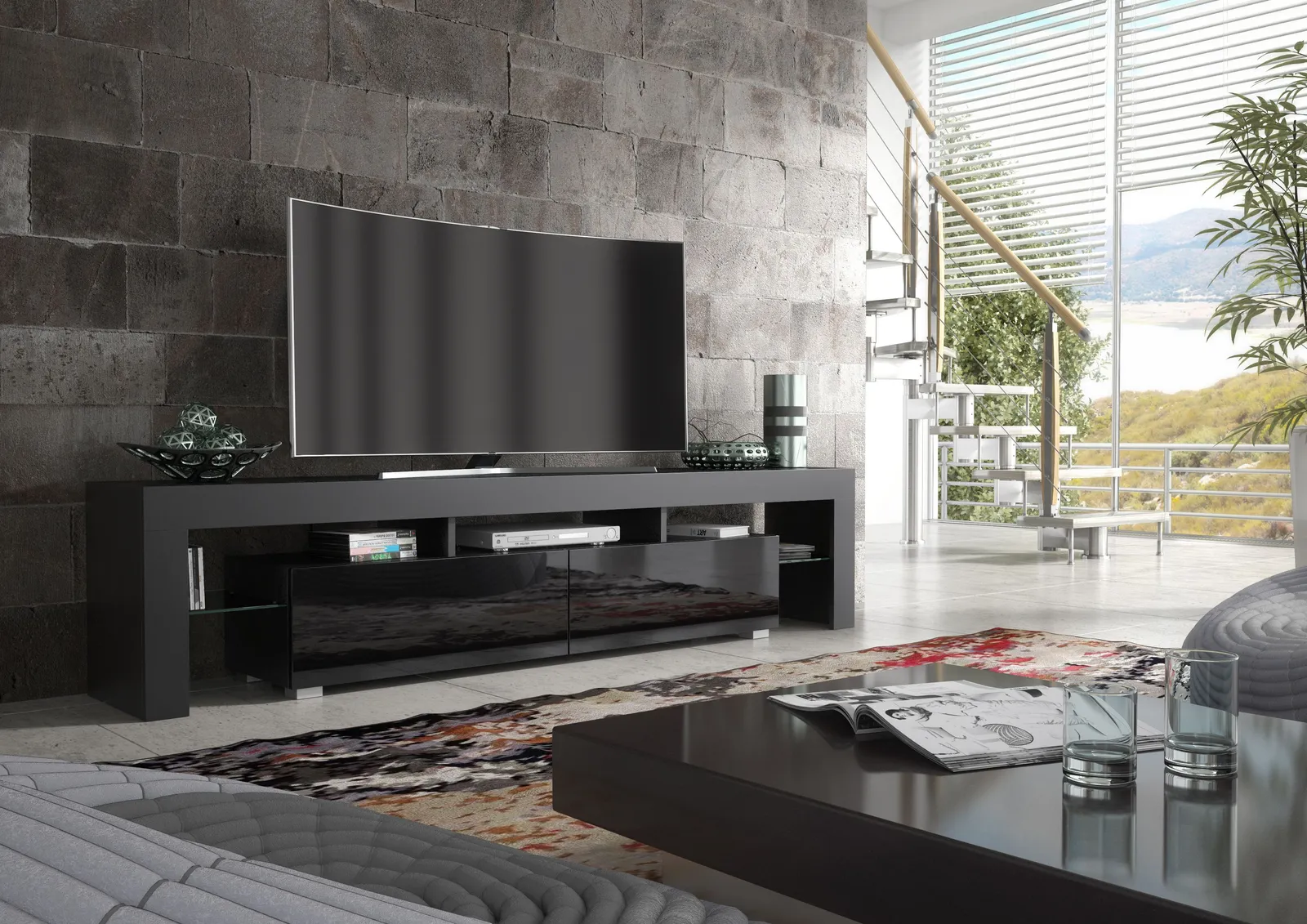 Creative Furniture TV Unit 200cm Modern - Black with High Gloss Doors 2
