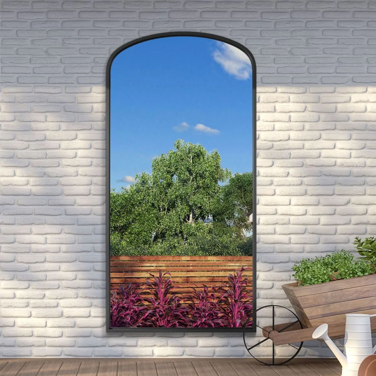 MirrorOutlet Black Metal Framed Arched Garden Wall Mirror 79"x39" (200x100CM) 6