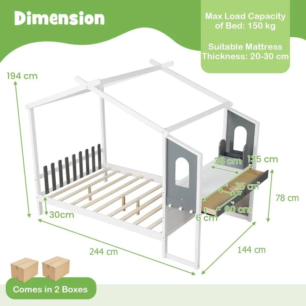 Costway Double House Bed Wood Montessori Bed Frame Playhouse Bed w/Desk in White 2