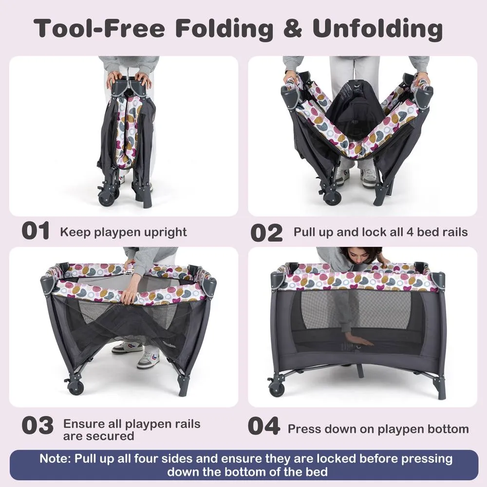 Costway Foldable Pack &Play Portable Baby Playard w/Rocking Bassinet&Music Box in Pink 6