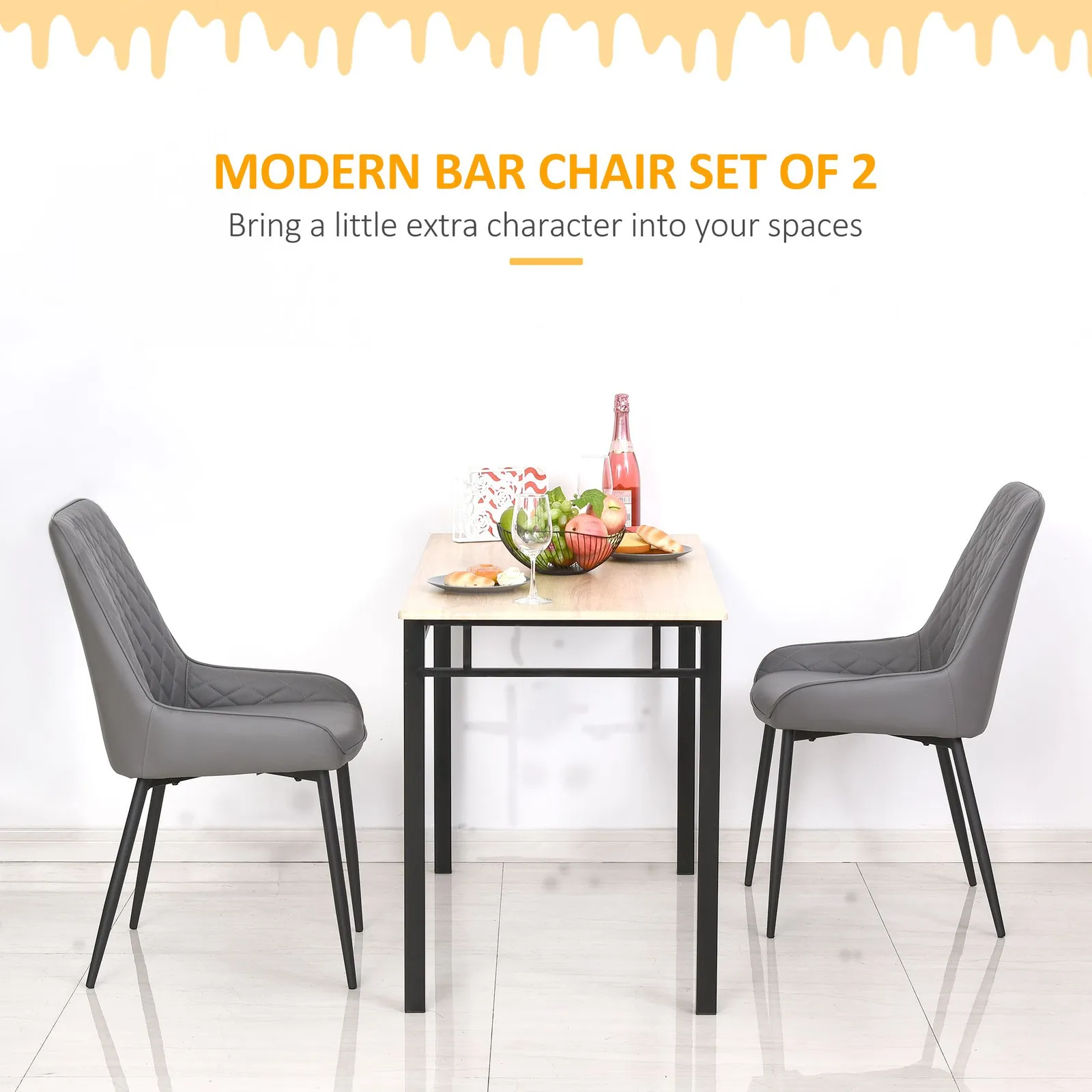 HOMCOM Set Of 2 Quilted PU Leather Dining Chairs w/ Metal Frame 4 Legs Executive Grey 5