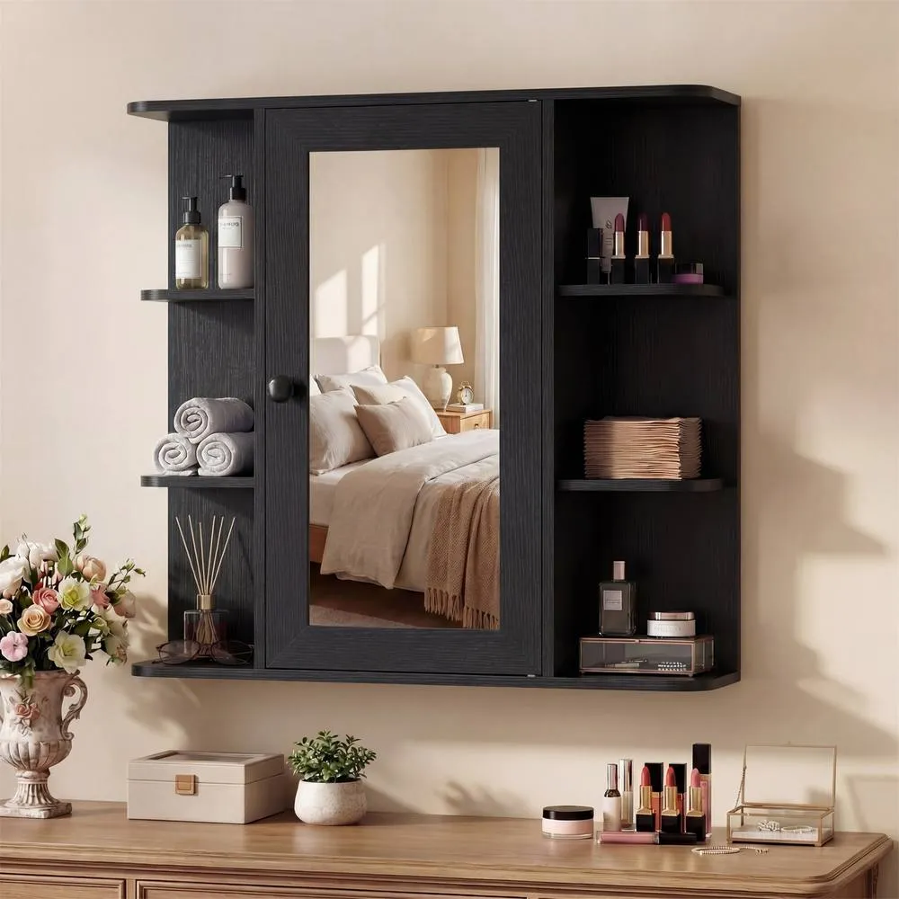 Costway Bathroom Wall Cabinet Modern Wall Mounted Medicine Cabinet with Mirror in Black 4