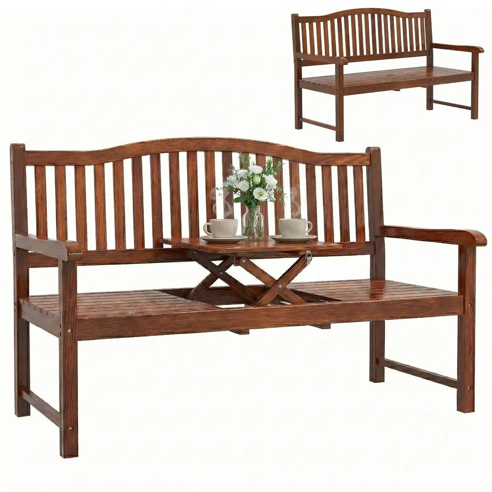 OUTSUNNY Wood Garden Loveseat Bench with Liftable Table, Cover, Light Brown 2