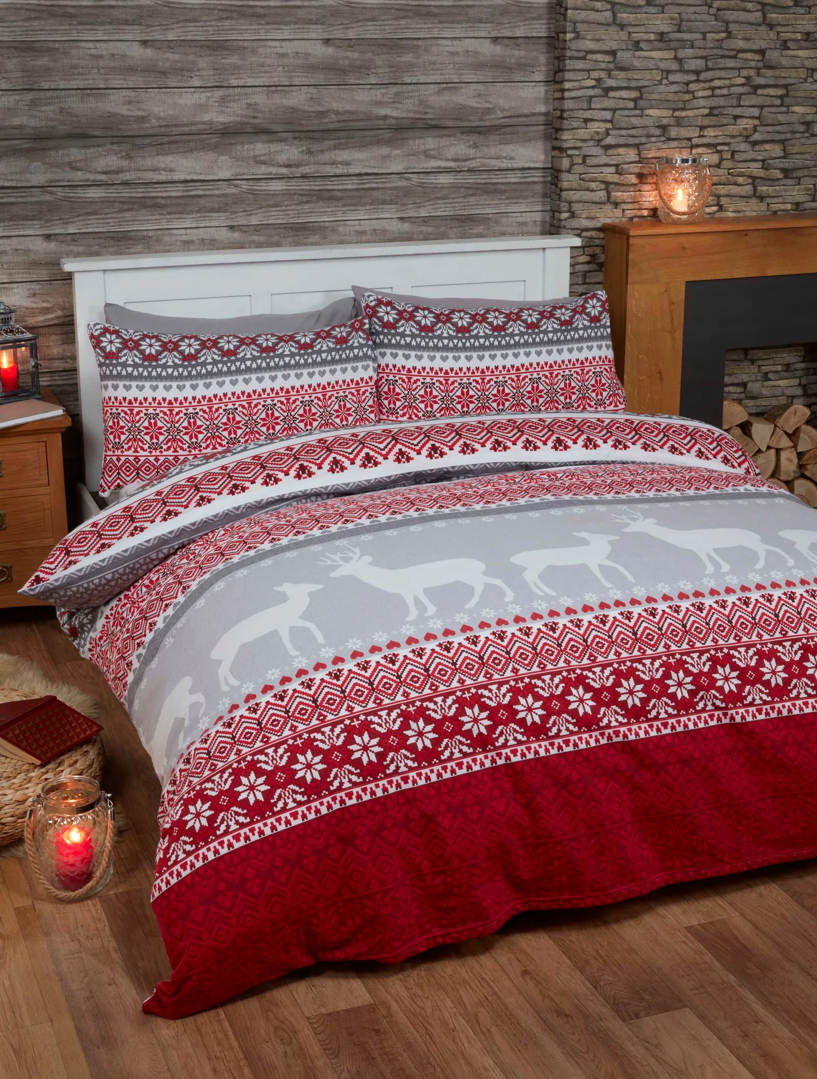 Rapport Home Fairisle Cotton Bed Cover Sheet Set with Pillowcase in Red
