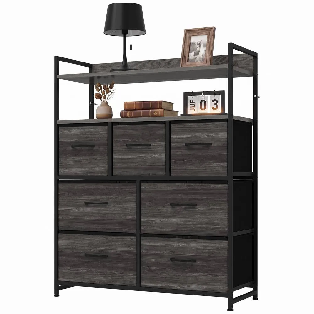HOMCOM Chest of Drawers, Bedroom Fabric Dresser, Grey Wood-Effect