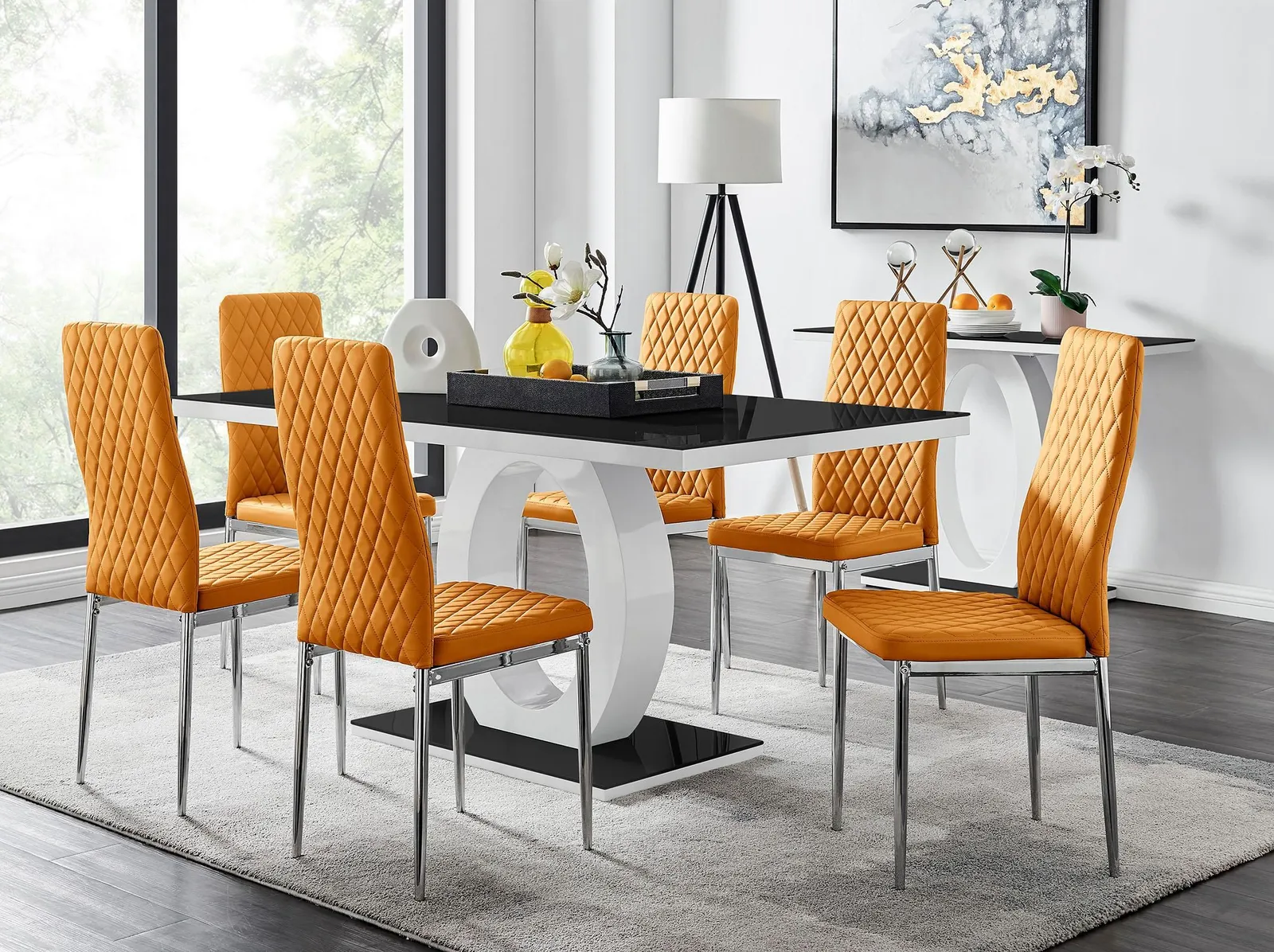 FurnitureboxUK Giovani Rectangular 6 Seat White High Gloss Unique Halo Dining Table Black Glass Top 6 Faux Leather Silver Leg Milan Chairs in Mustard 1