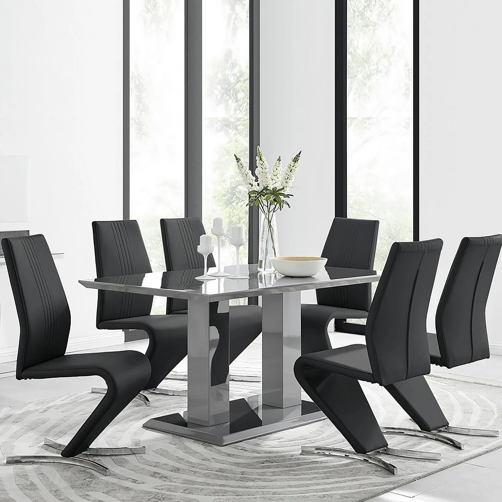 FurnitureboxUK Imperia 6 Grey Dining Table & 6 Willow Chairs in Black 1