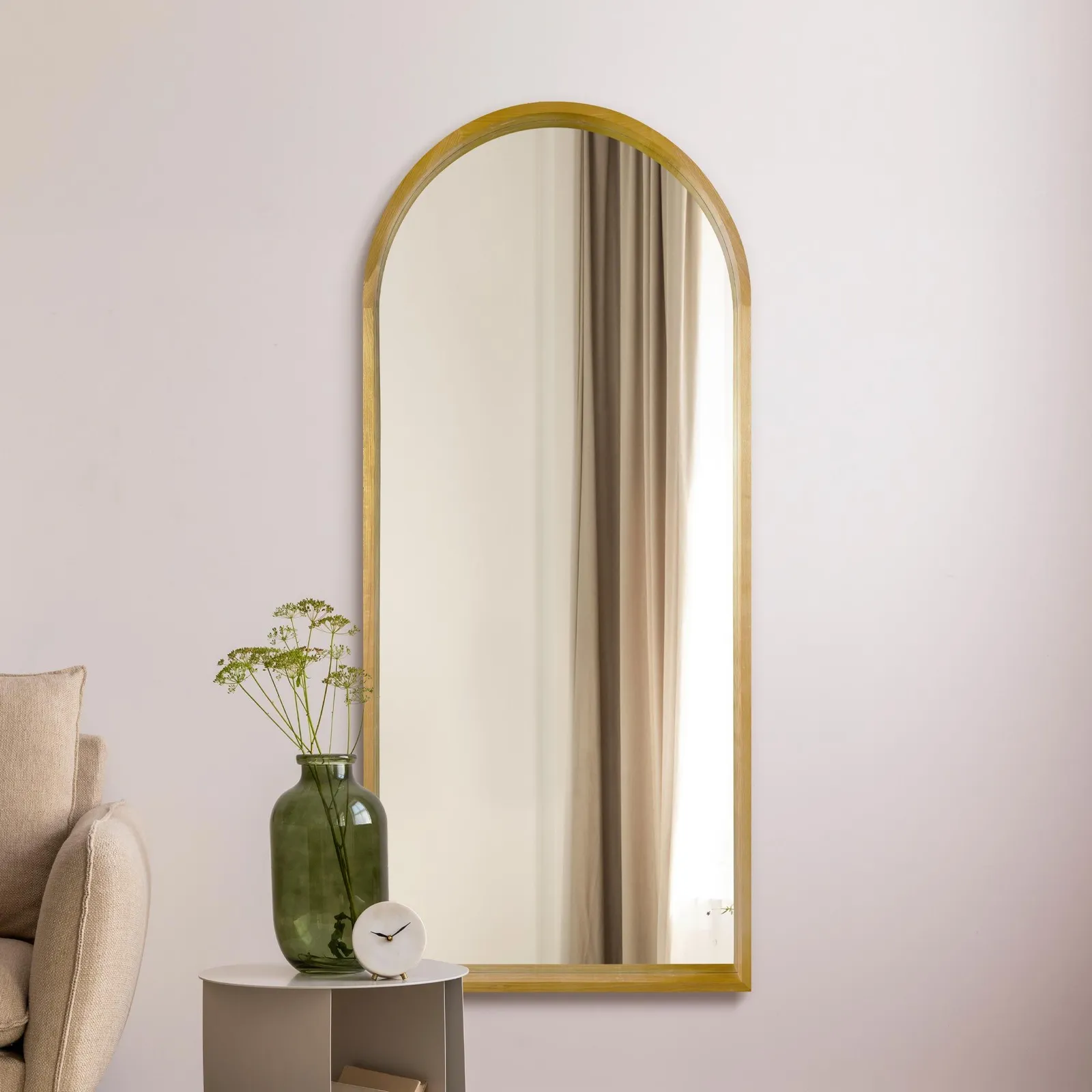 MirrorOutlet Solid Oak Framed Arched Leaner / Wall Mirror 75" X 33" (190CM X 85CM) in Beige 2