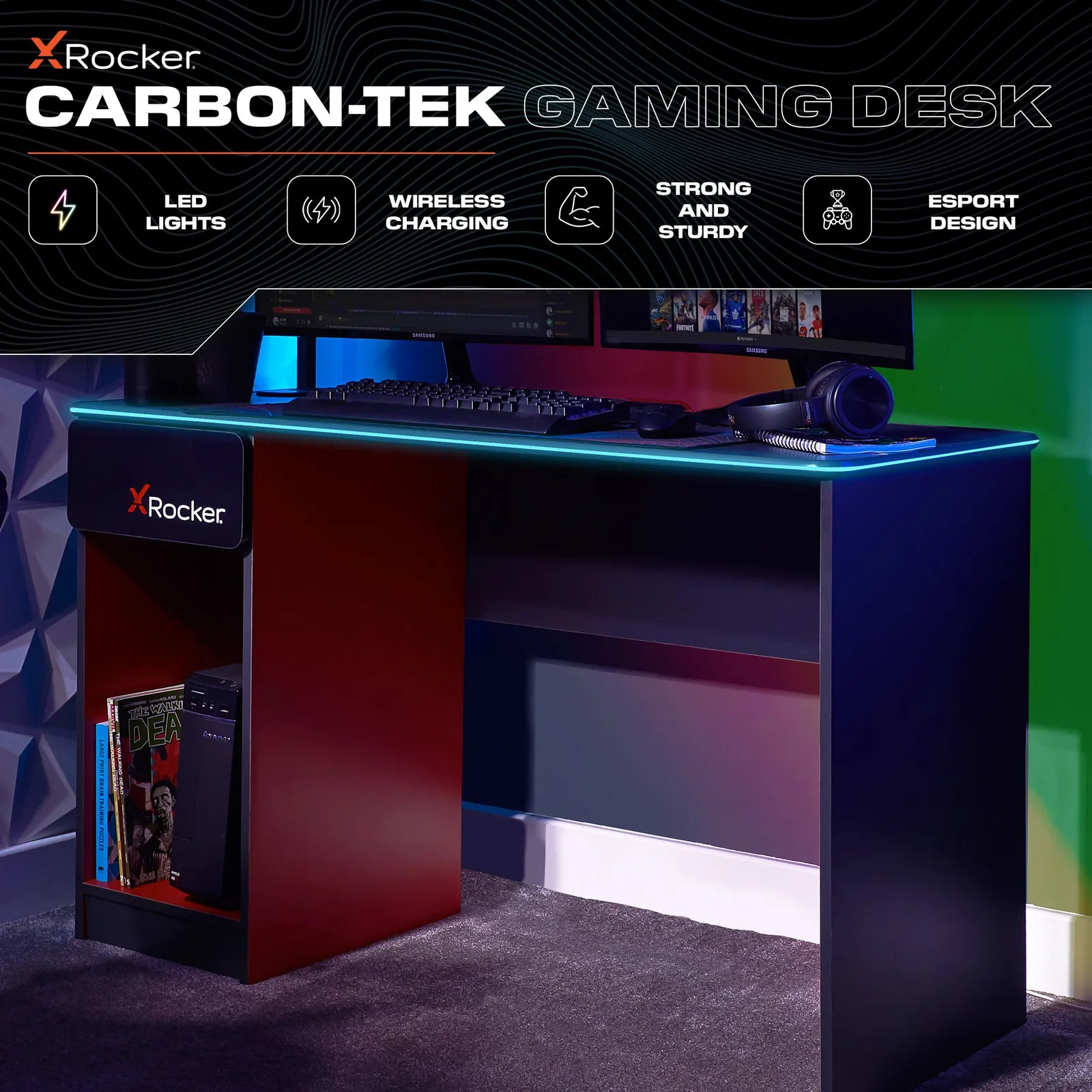 X Rocker Carbon-Tek 120cm LED Gaming Desk with Drawer & Charging in Red 2