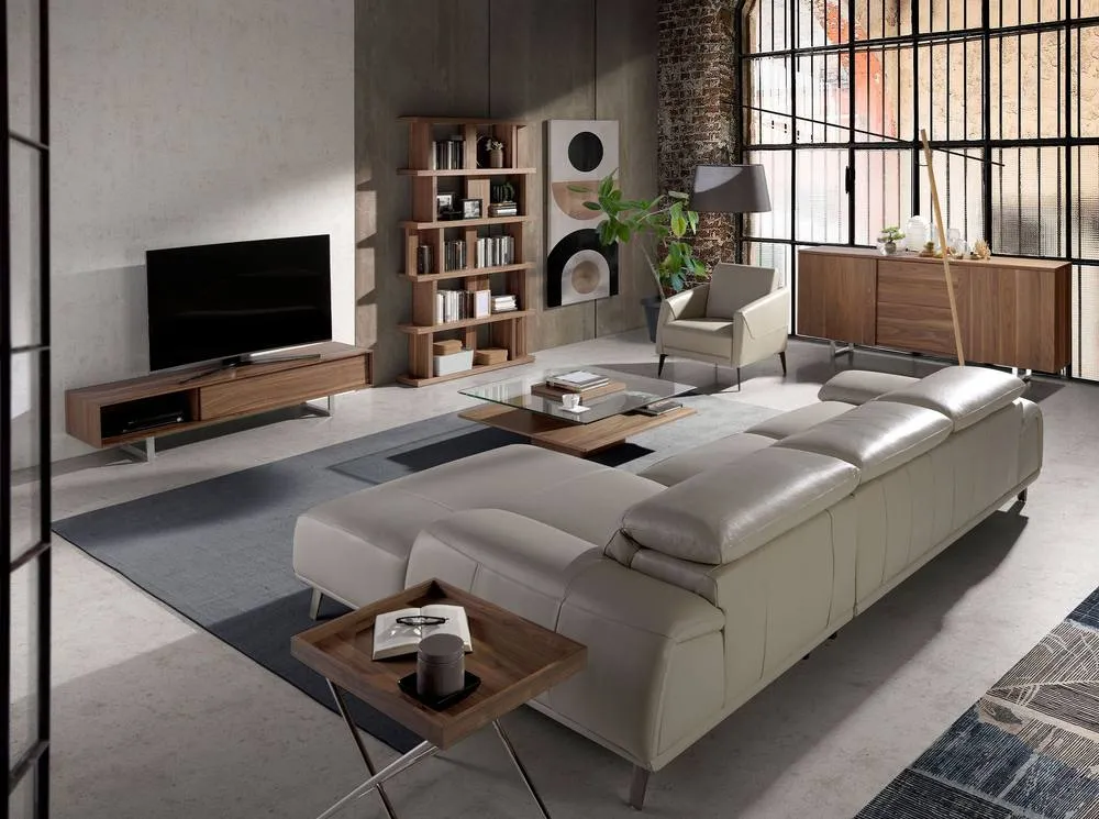 Angel Cerda Square Tempered Glass Coffee Table with Walnut Veneer in Brown 4
