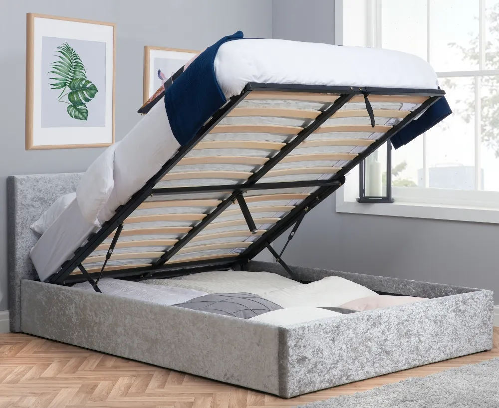 Berlin - Double - Ottoman Storage Bed - Light Grey - Crushed Velvet - Double - Happy Beds 1