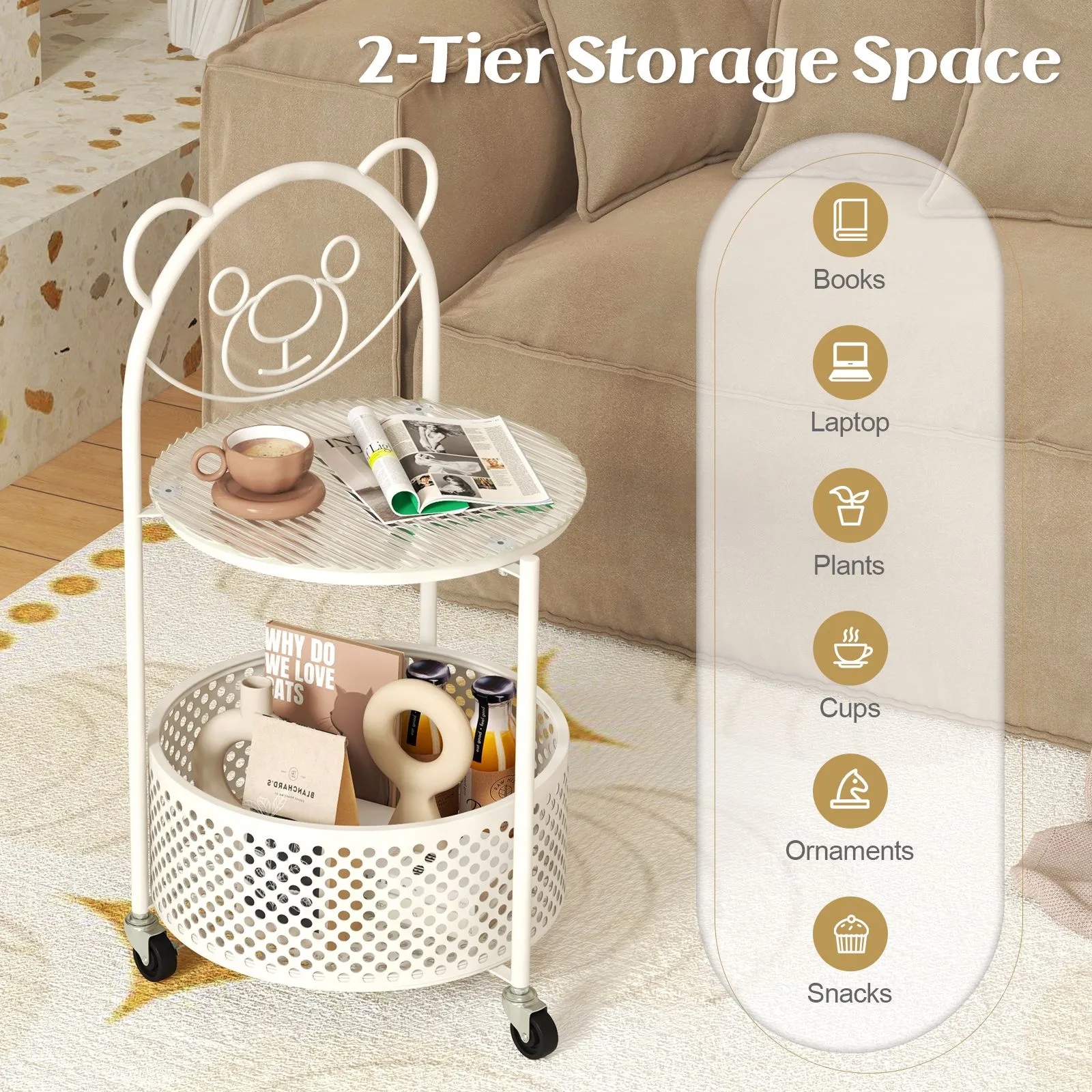 Costway Mobile Glass Coffee Table 2-Tier Round End Table w/Bear Pattern in White 6