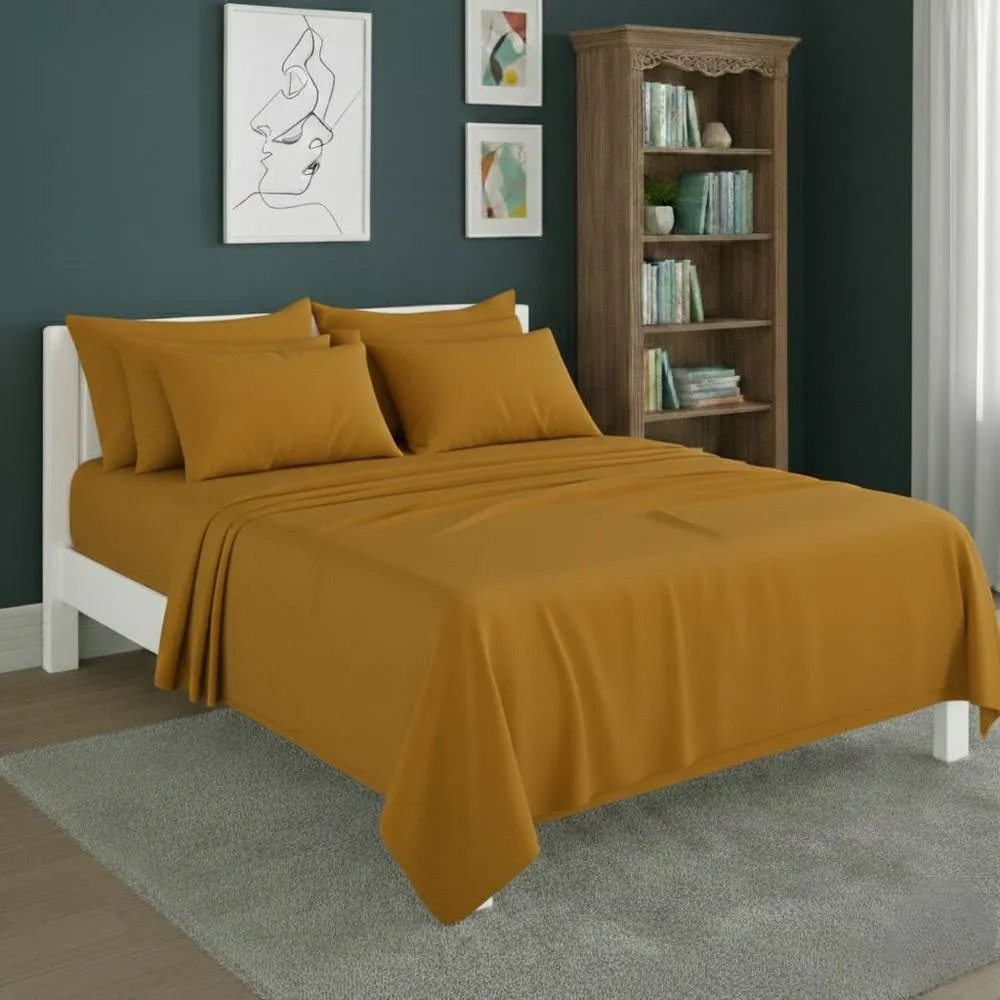 Snug City Plain Poly Cotton Easy Care Fitted Flat Sheet Matching Pillowcases Set in Mustard