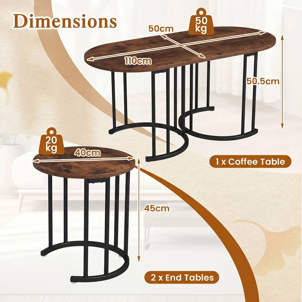 Costway 3PCS Nesting Coffee Table Set 110cm Coffee Table w/ 2 Side Tables in Brown 2