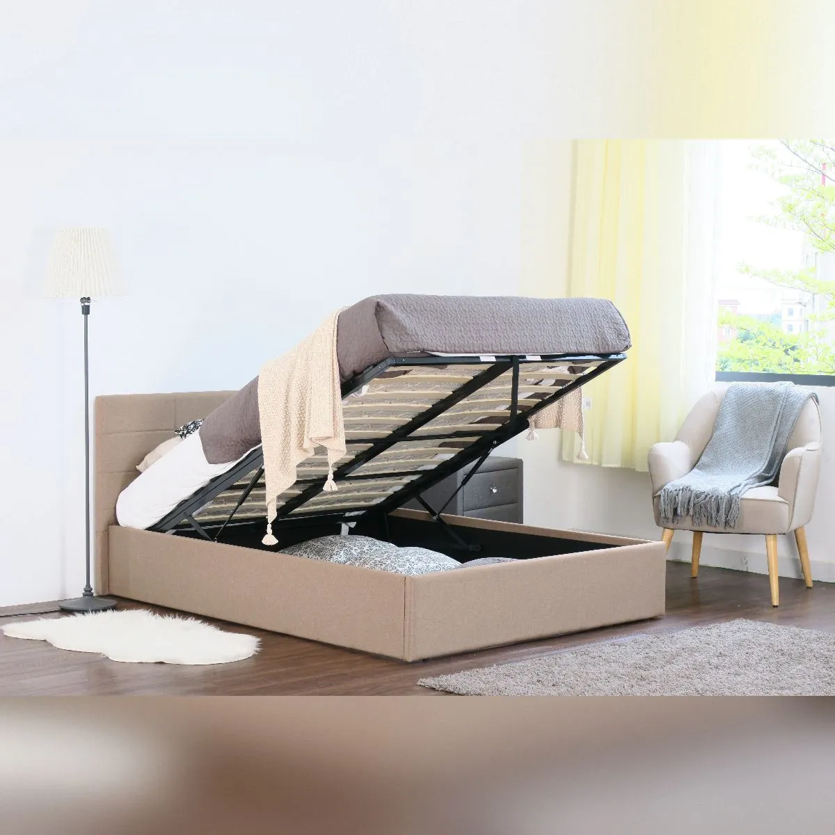Comfy Living Ltd Linen Fabric Gas Lift Ottoman Bed in Light Brown 1