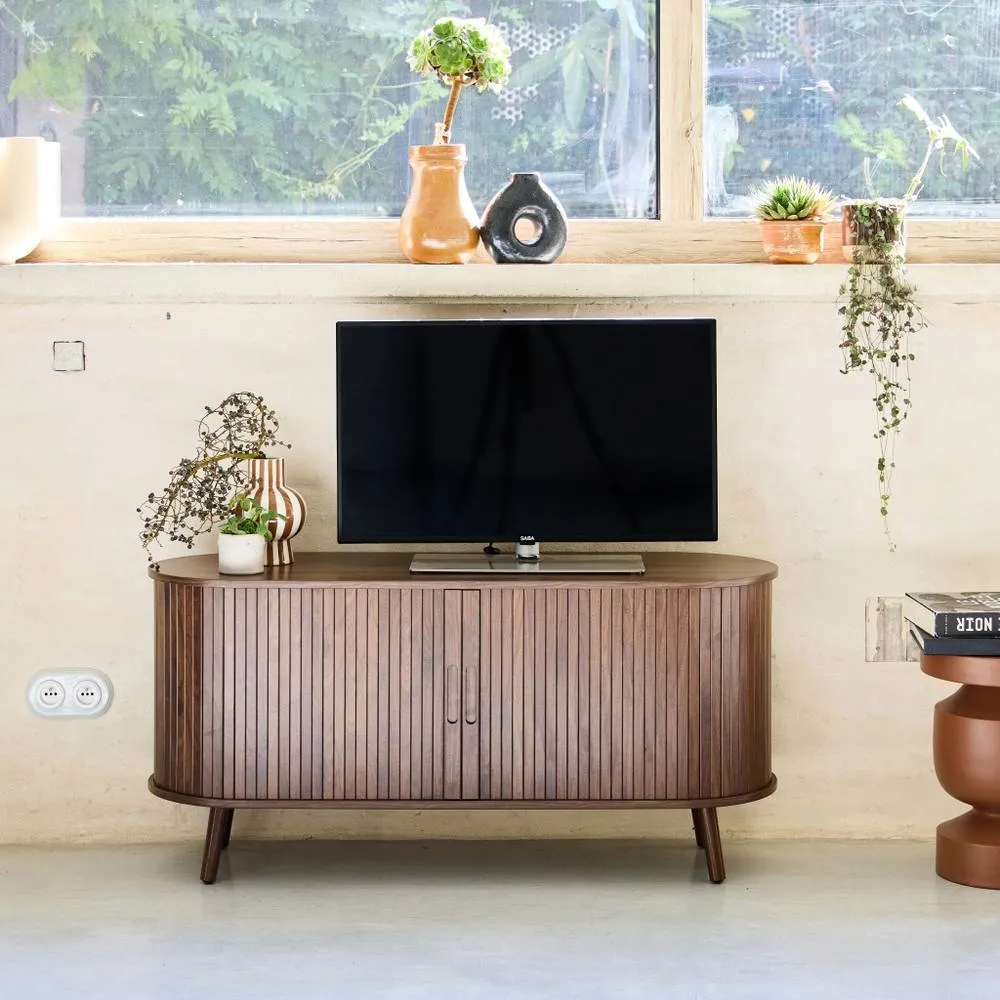 sweeek 120cm Scandi-style Tv Unit With Grooved Wooden Effect & 2 Sliding Do in Dark Brown 1