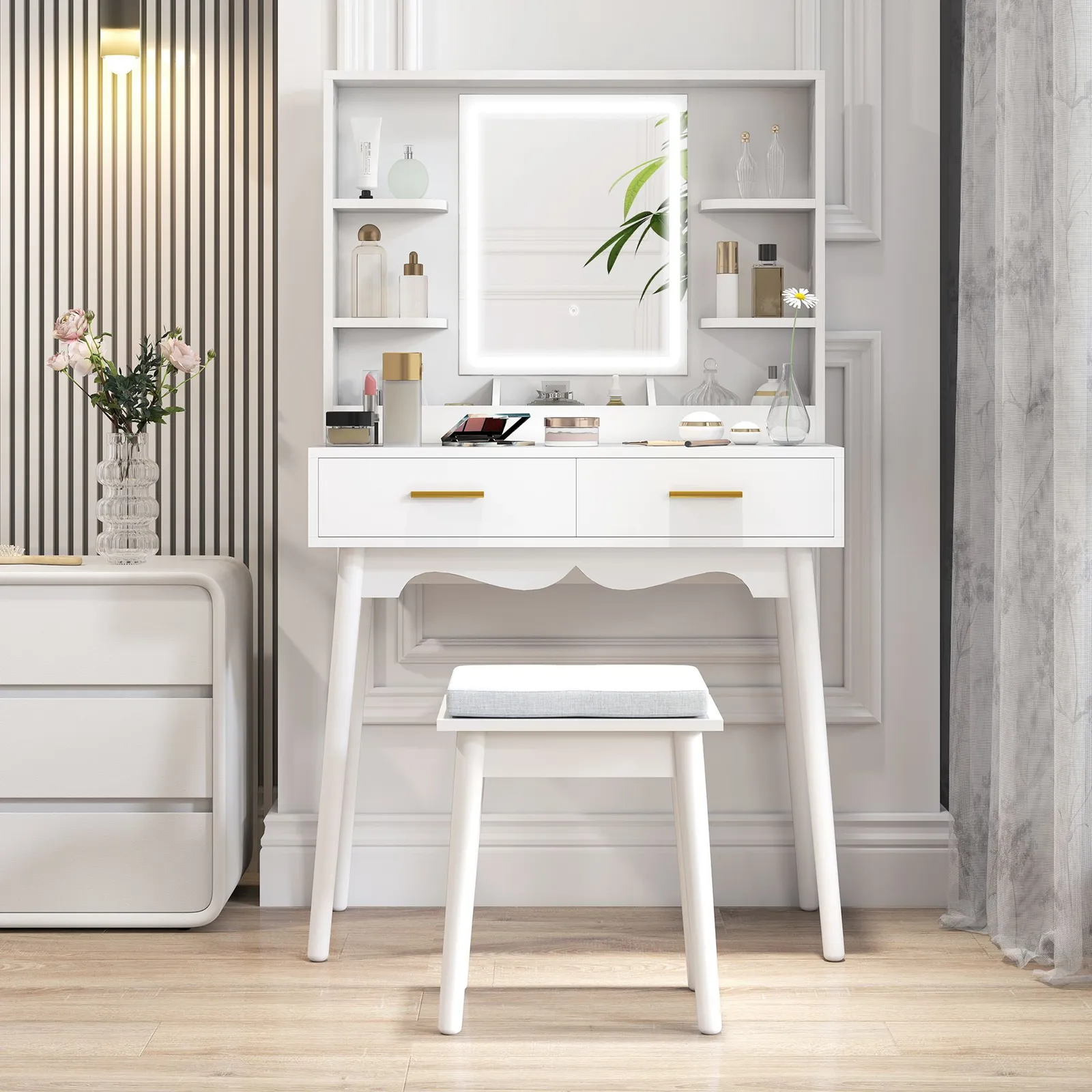 HOMCOM Dressing Table with LED Lighted Mirror & Cushioned Stool White 2