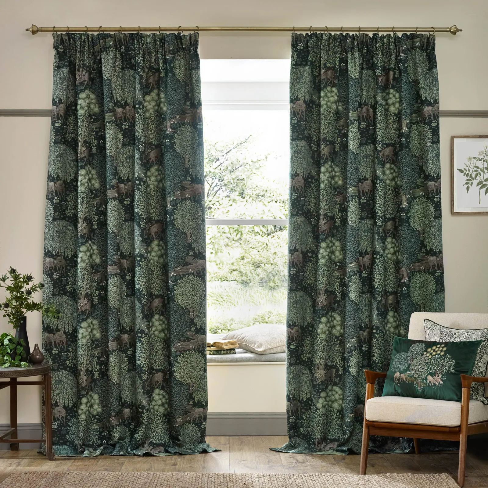 Morris & Co Brook Woodland Jacquard Room Darkening Pencil Pleat Curtains in Green 2