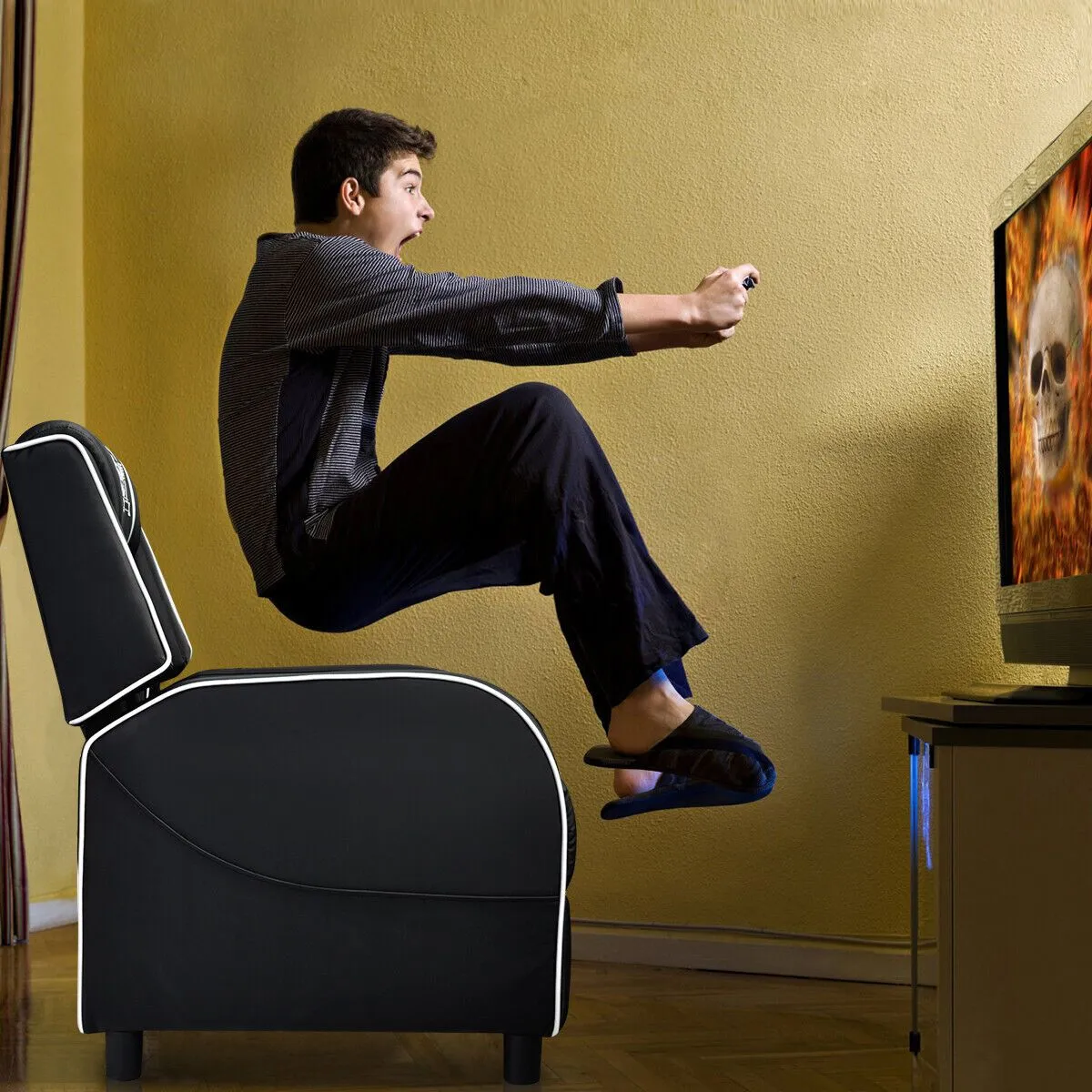 Costway Gaming Recliner Chair PU Leather Single Recliner Sofa Adjustable w/ Footrest in White 2