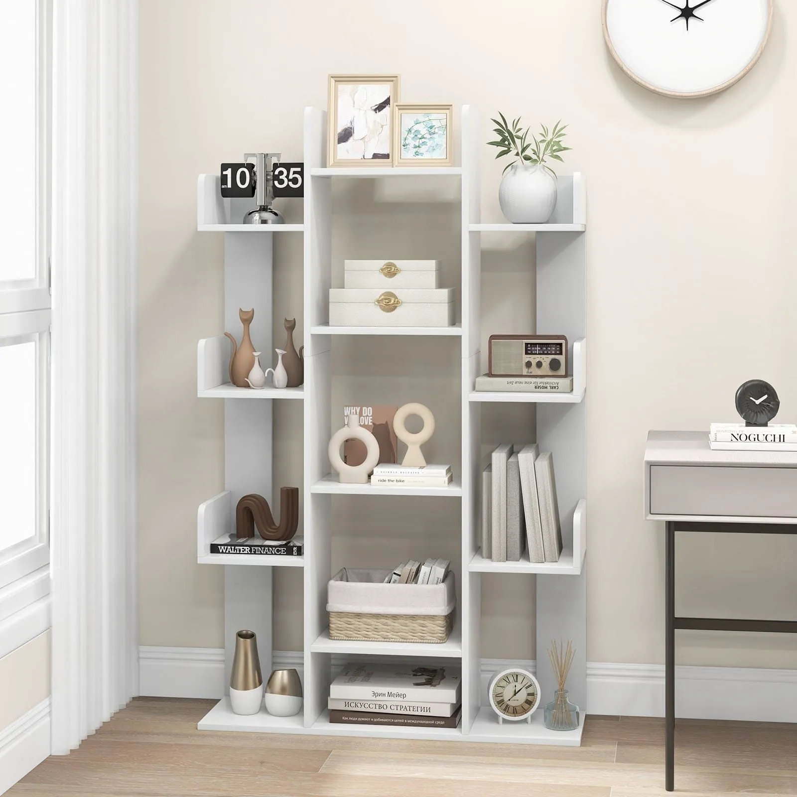Costway Tree Bookshelf Display Cube Shelf Corner Books Storage Organizer in White 3