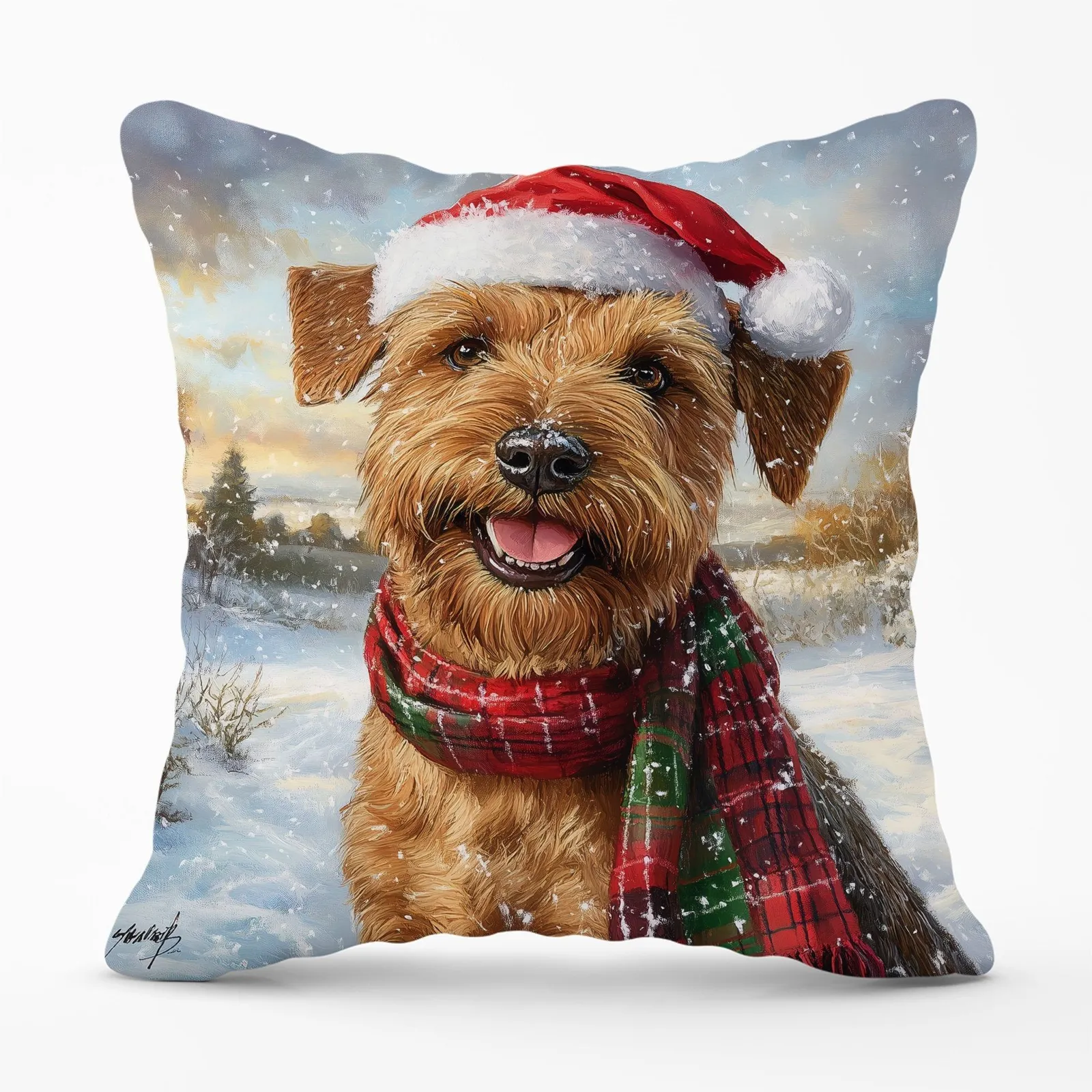 Warren Reed - Designer Snowy Christmas Irish Terrier Cushion in Brown