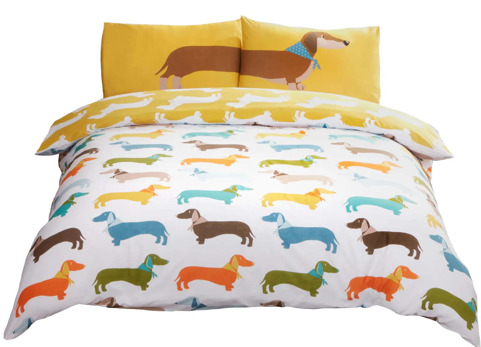 Rapport Home Sausage Dog Microfibre Reversible Duvet Cover Set with Pillowcase in Yellow