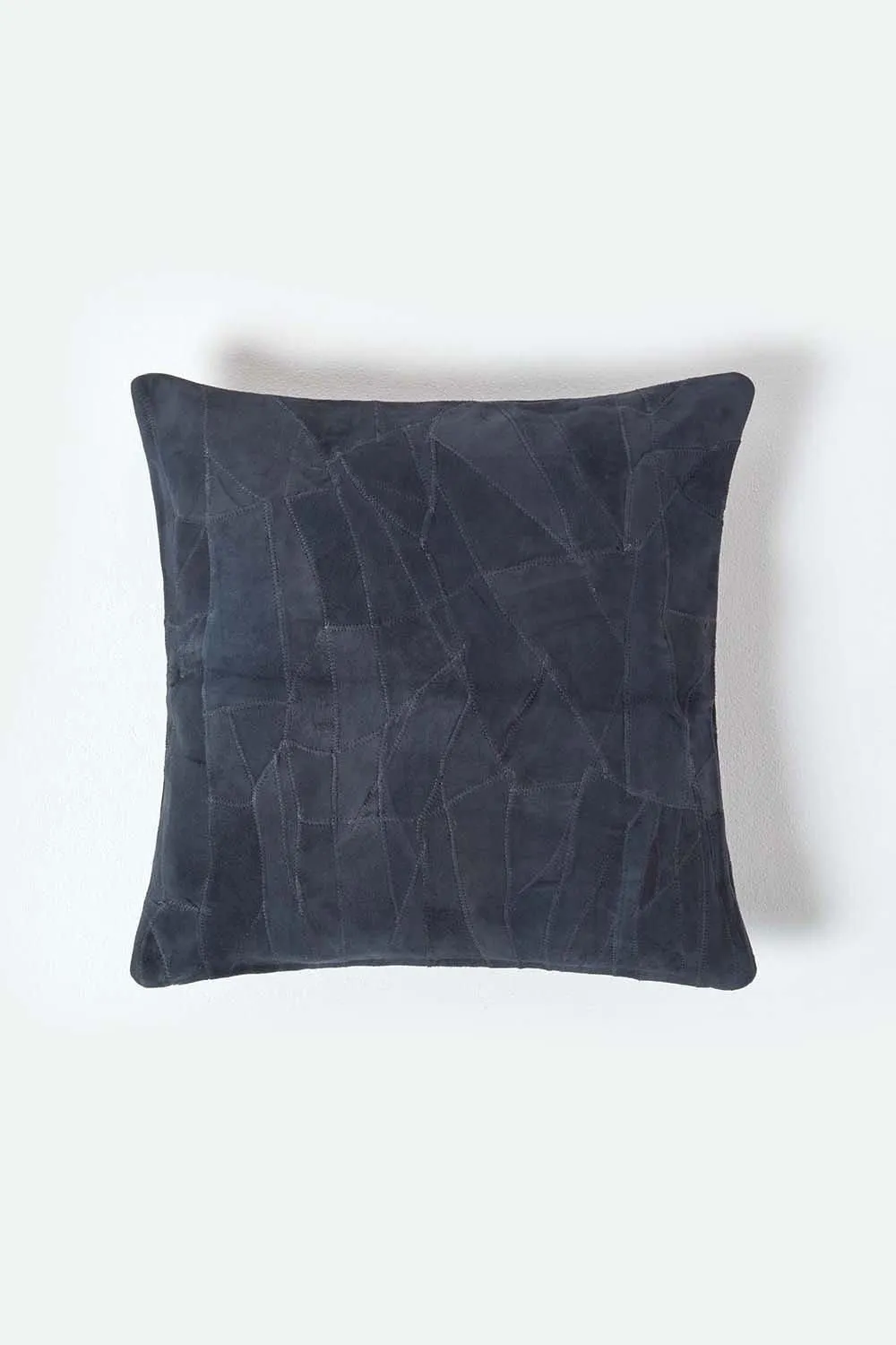 Homescapes Real Leather Suede Cushion with Feather Filling in Navy 1
