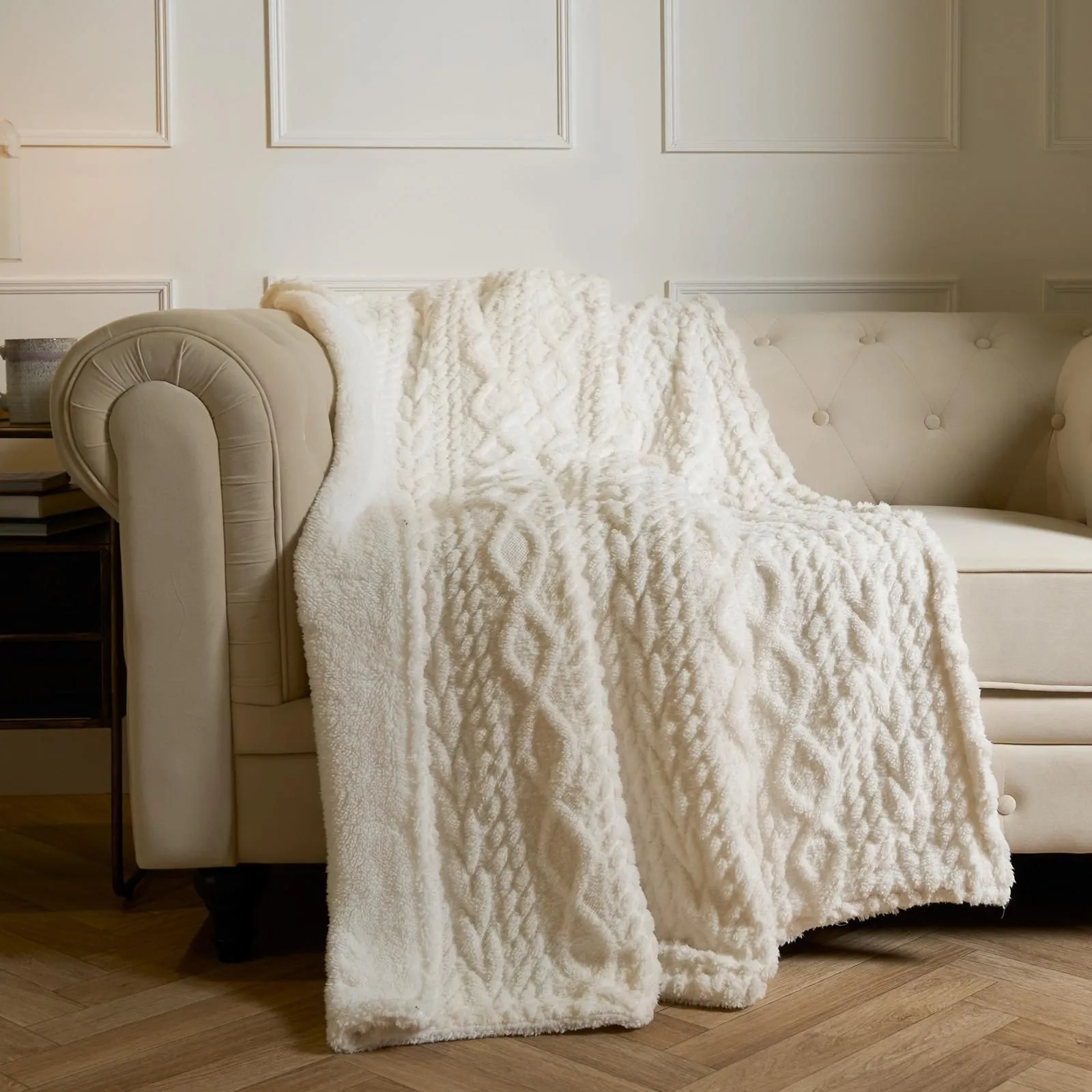 OHS Cable Knit Blanket Sherpa Fleece Sofa Plush Supersoft Warm Throw Over Bed Chair in Cream