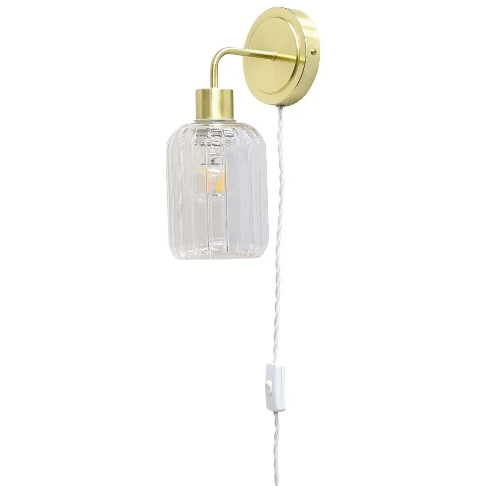 First Choice Lighting Toby - Satin Brass Plug in Wall Light with Lozenge Ribbed Glass Shade in Gold