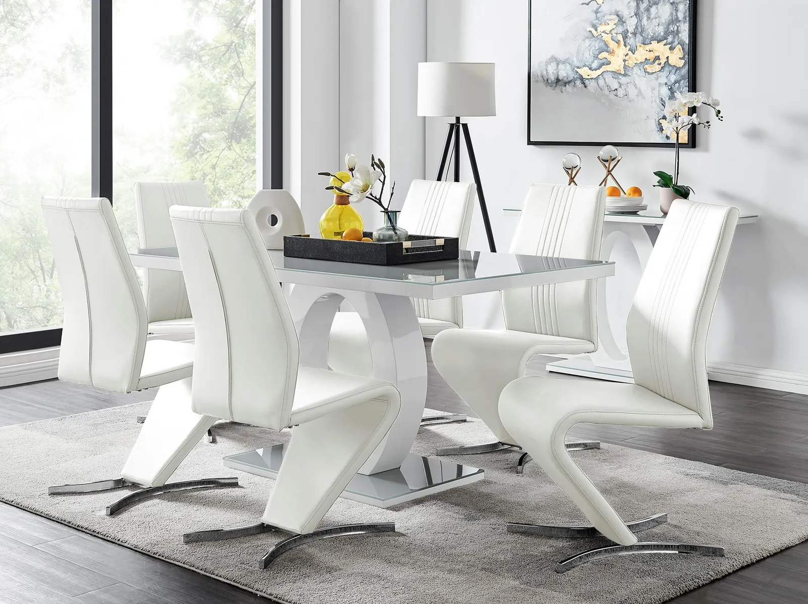 FurnitureboxUK Giovani 6-Seater Grey Glass Dining Table & 6 Willow Faux Leather Dining Chairs in White 1